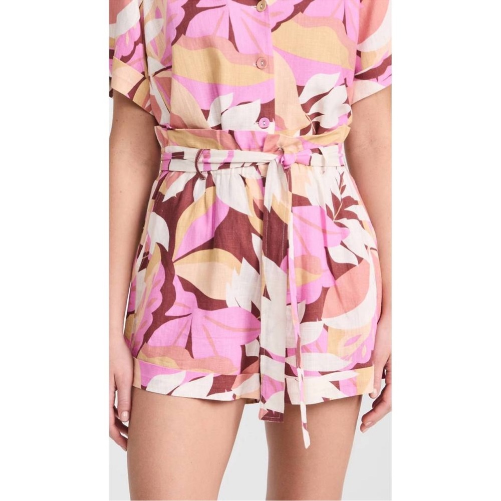 MINKPINK Pink and Brown Kali Floral Linen Paperbag Shorts
